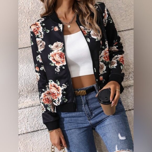SHEIN Jackets & Blazers - Floral Bomber Jacket - Black and Pink